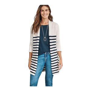 J Jill Open‎ Cardigan Sweater Women Size 3X Cream Navy Blue Stripe Long Nautical